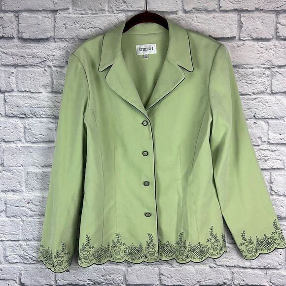 Studio I Green Embroidered Button Up Blazer Size 10 - Picture 1 of 5